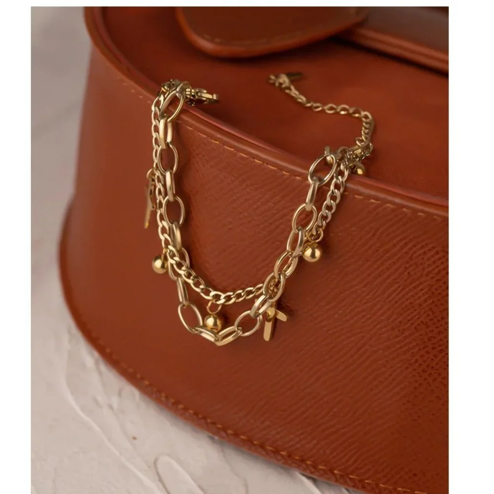 NEW 18K Gold Plated Cross Bead Link Chain Double Layer Bracelet